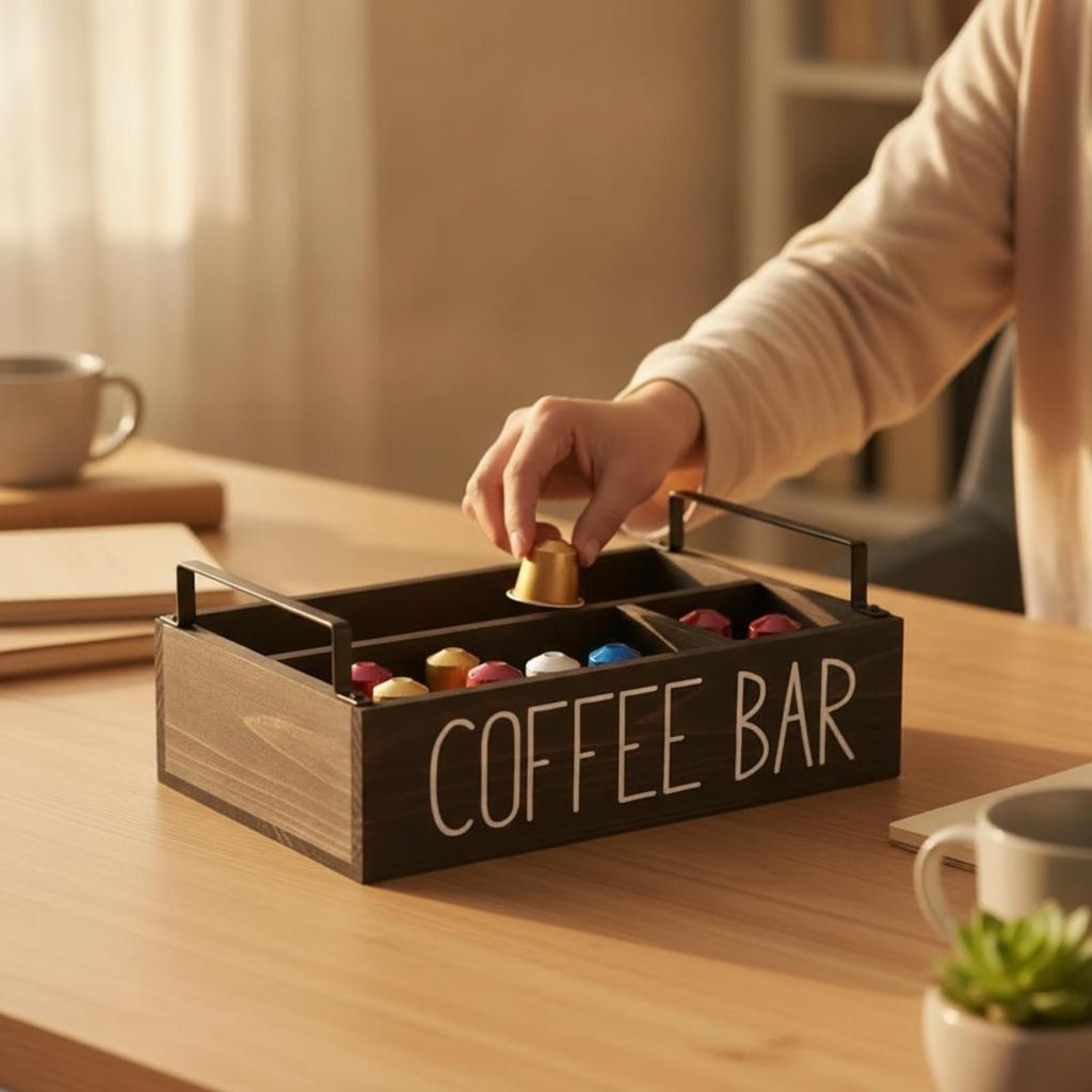 Wooden Coffee Bar Organizer Compact Pod Storage Box Multifunctional for Countertop,