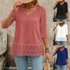 Women's V Neck Three Quarter Sleeve Blouse Flared Hem Lace Patchwork Elegant Casual Daily Top