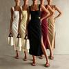 Summer New European and American Holiday Style Pleated Waist Suspender Fashionable and Elegant Side Split Dress