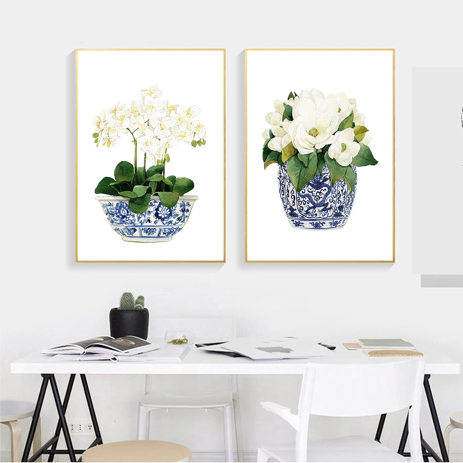 

VLOLIFE White Orchid & Magnolia Watercolor Chinoiserie Decor Canvas Print Oriental Vase Blue White Willow Style Porcelain Flower Jar No Frame, 12X16inchX2 Unframed
