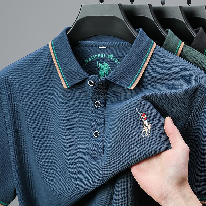 Tricou polo cu mânecă scurtă din mătase glacială pentru bărbați, guler cu rever, mânecă jumătate, clasic, brodat, respirabil, lejer, bază de tricou