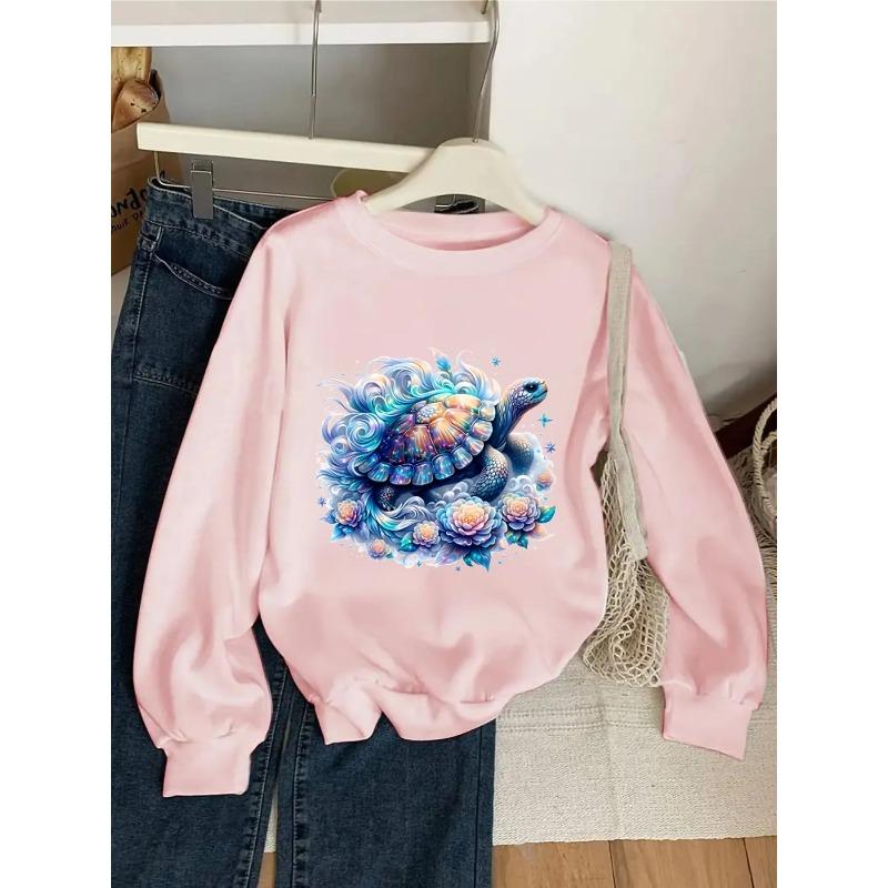 Kids Unisex Crewneck Sweatshirt, Magical Iridescent Sea Turtle With Blue Waves Peony Flowers And Stars Fantasy Soft Pullover For Kids Over 4 Years Old