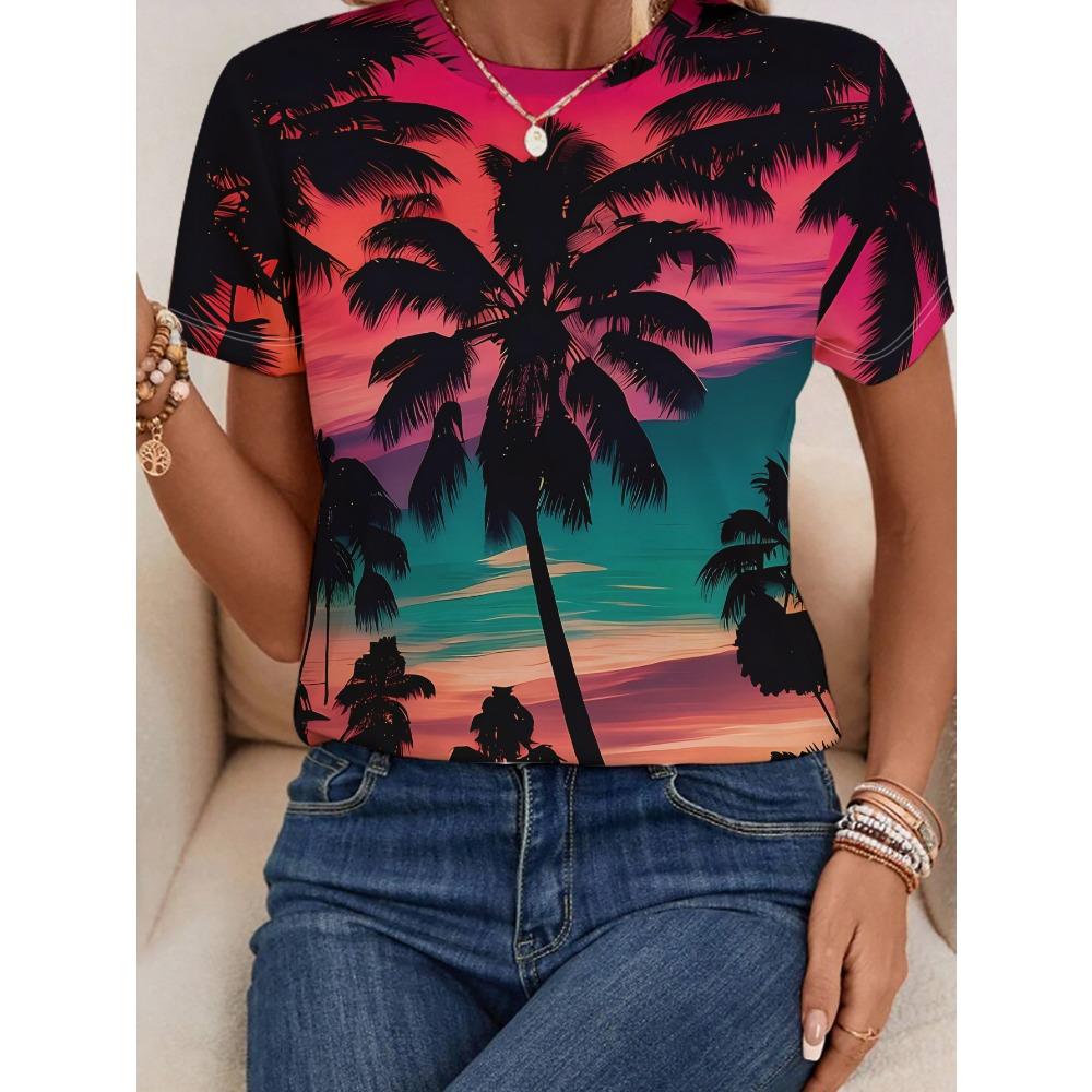 Ladies' Coconut Tree Sunset Printed Short Sleeved T-shirt