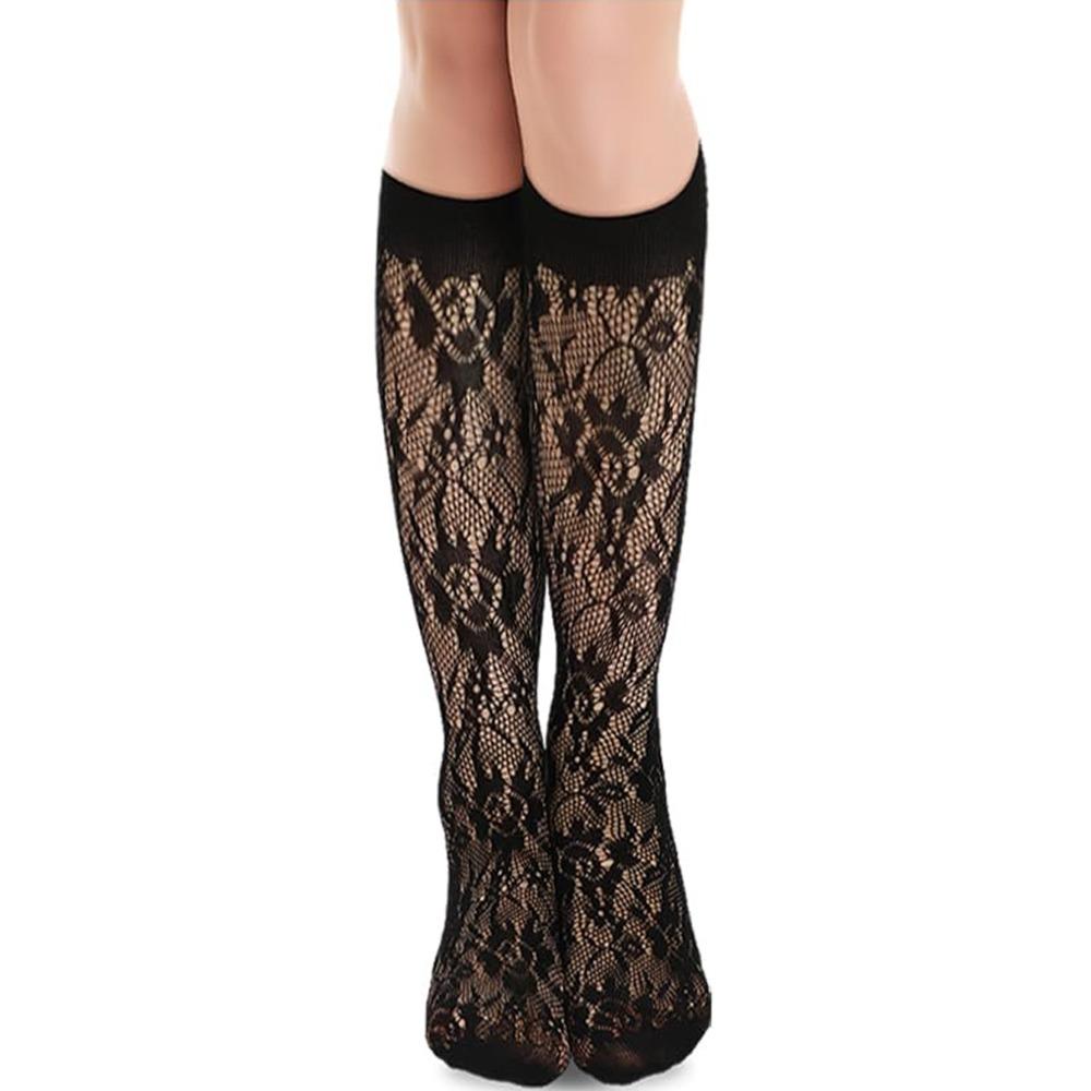 Sweet Lolita Socks Hollow Mesh Stockings Princess Calf Long Socks For Girls flower black