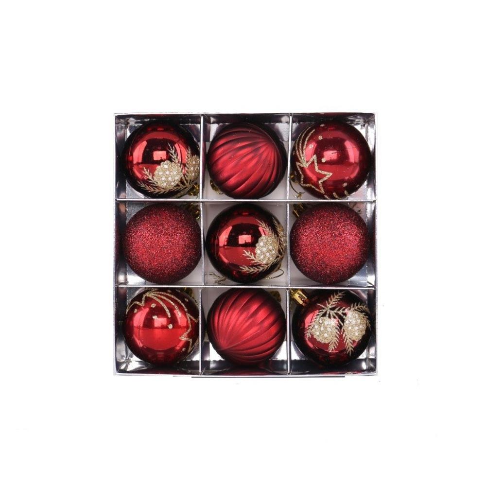 9Pcs/Set Plastic Christmas Balls with Gold Pattern Shatterproof Christmas Balls Pendant Decorative Red Xmas Tree Ornaments