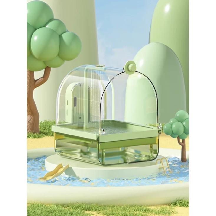 Bain d'oiseaux suspendu transparent circulation d'eau automatique bain douche pour oiseaux facile à nettoyer design peu encombrant accessoire de cage à oiseaux