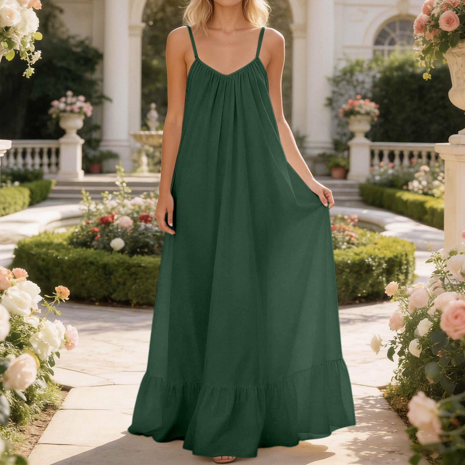 

Women s Breathable Backless Ruffled Hem Long Dress L армия зеленый