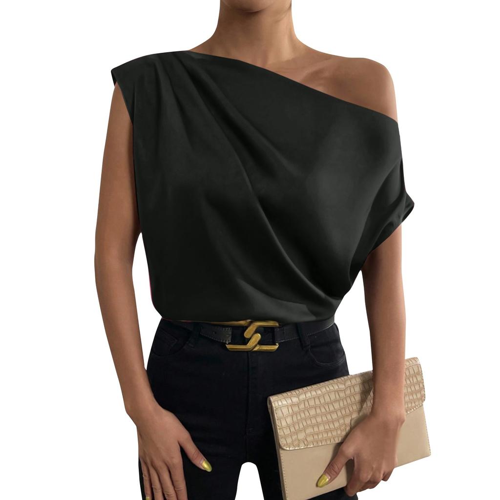 Summer Fashion Versatile Slant Collar Pinch-pleated One-Shoulder Asymmetric Vest