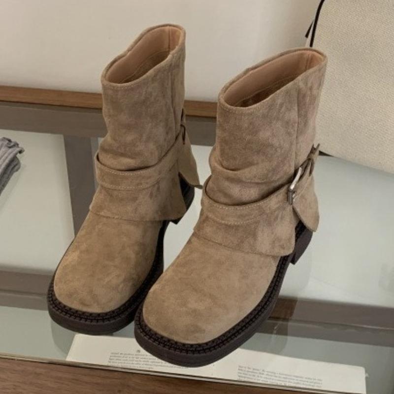Fashion Metal Buckle Decoration Design Ankle Boots Women High Quality Retro Faux Suede Boots Comfortable Non-Slip Platform Boots
