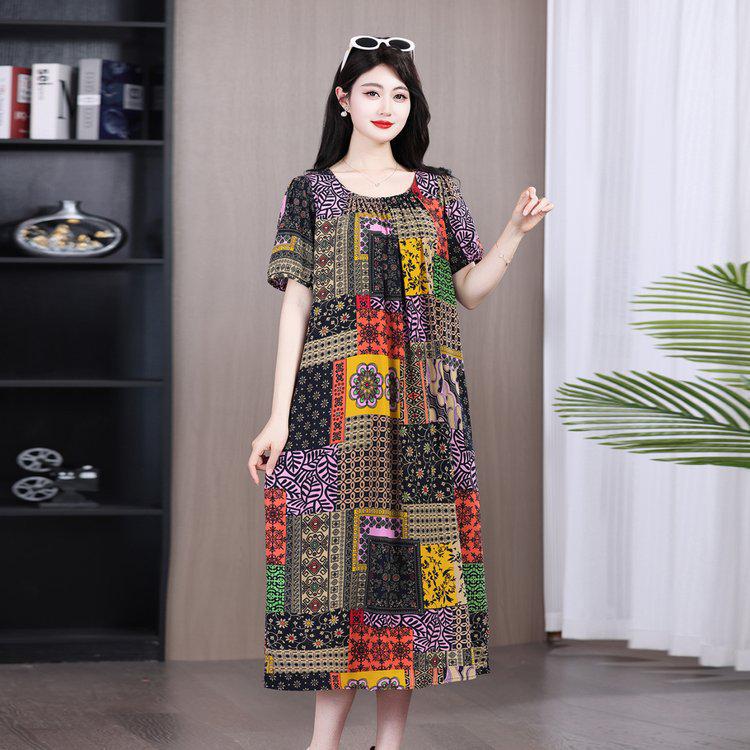 Summer 2026 Plus Size Cotton Silk Long Dress for Middle-Aged Women