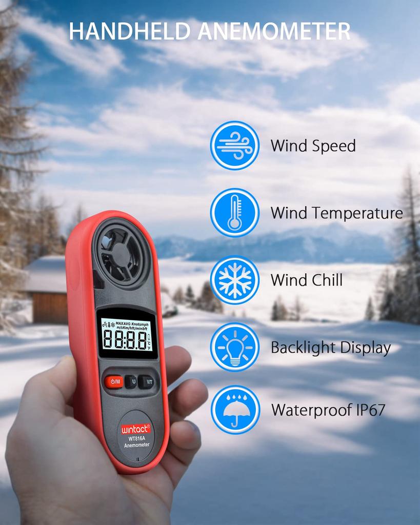 Wintact Handheld Anemometer, Waterproof, Mini Digital Anemometer Gauge, Pocket Airflow Tester, Wind Temperature Measurement -22°F to 100°F, for House,