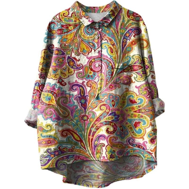 Summer Women's Loose Printed Round Neck Casual Plus Size Women's Long Sleeve T-shirt