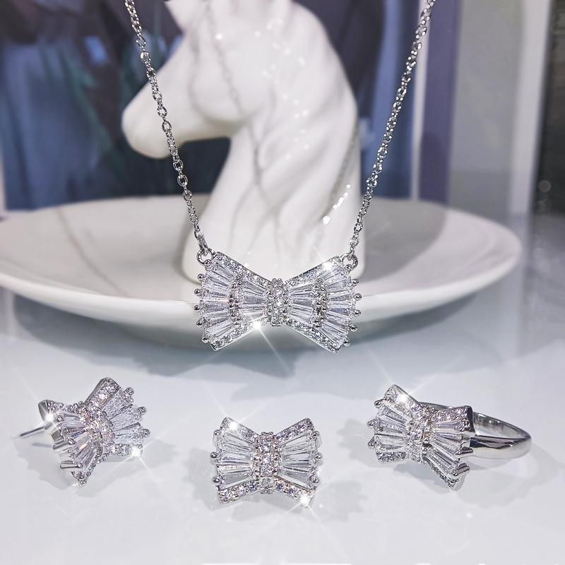 Korean Version Simple Bow Necklace Earrings Three Piece Set Platinum Plated Set with Zirconium Womens Fashion Accessories