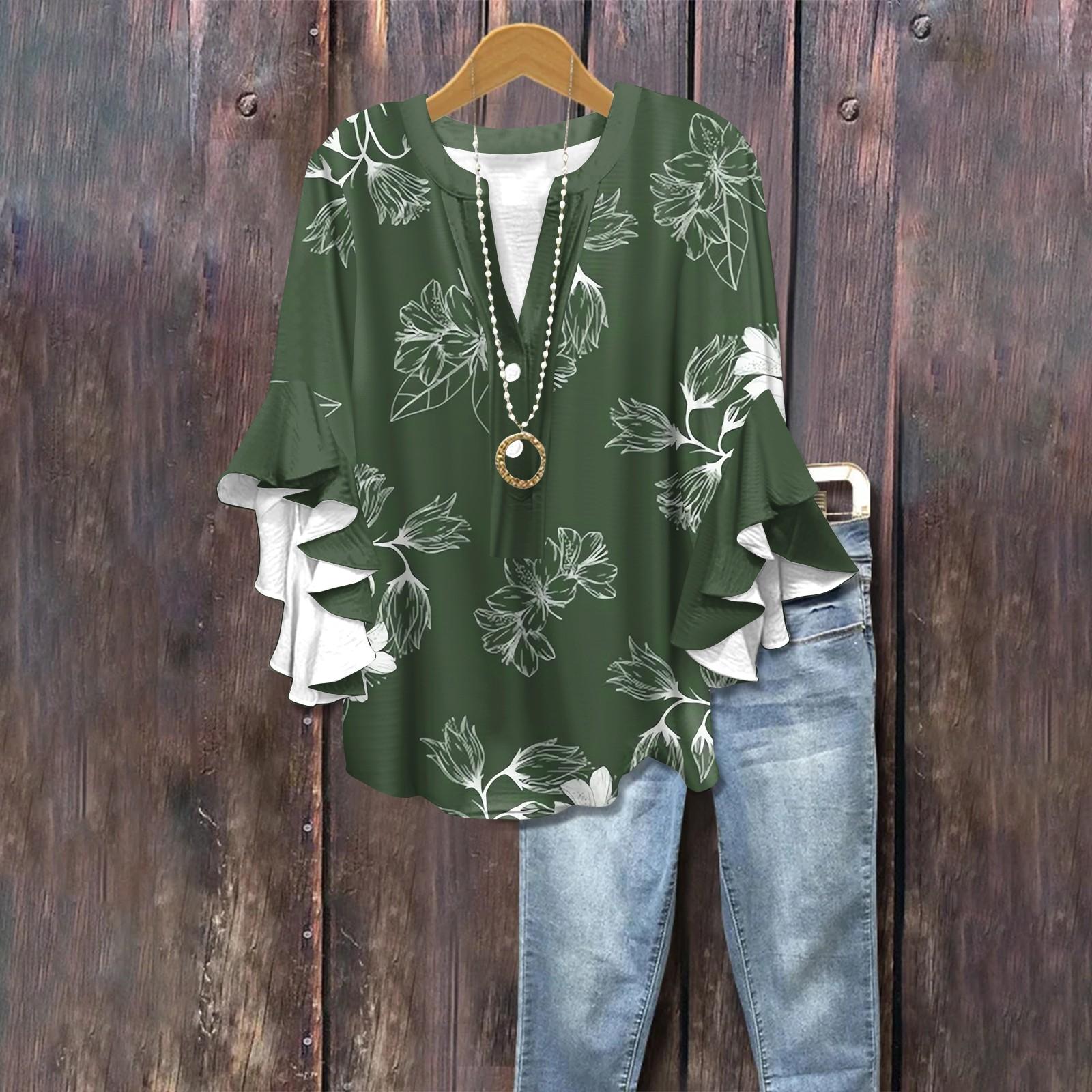 

Летние топы для женщин, симпатичные блузки с V-образным вырезом и рукавом 3/4, повседневные рубашки с цветочным принтом L