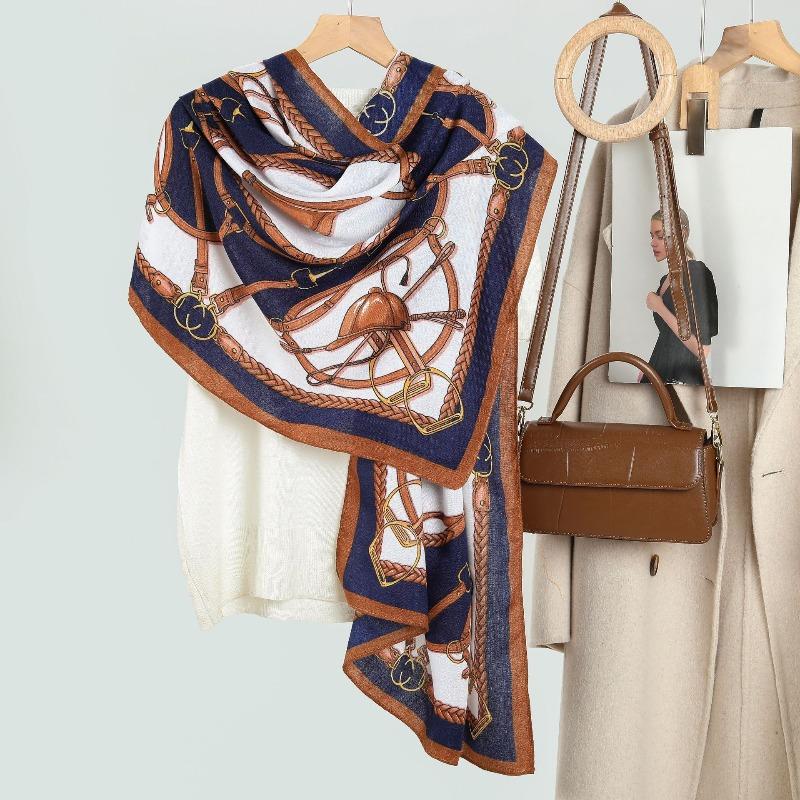 Fashion printed leather buckle hat imitation velvet scarf silk scarf high-end women's big-name autumn and winter thin shawl