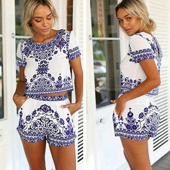Buy Outfits & Sets Women's Two Pieces Elastic Waist Pockets Blue and White Porcelain Crop Tops