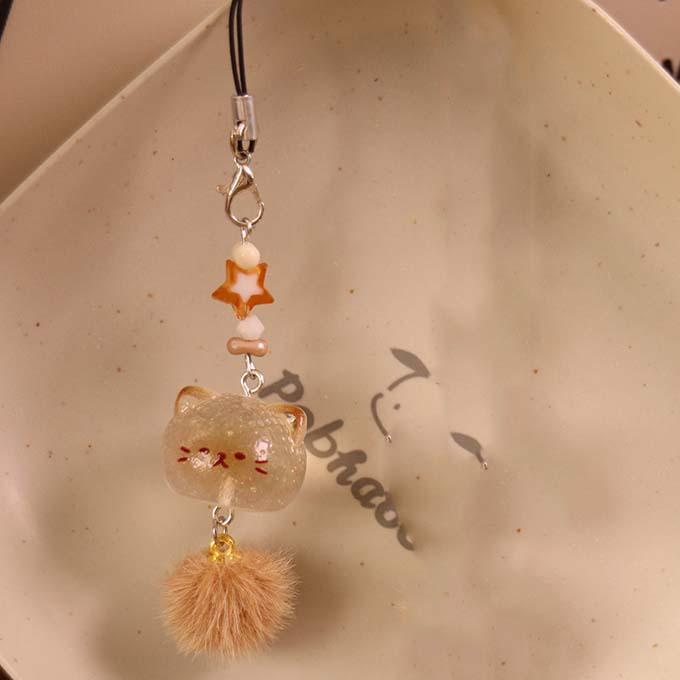 Cute Fluffy Cat Phone Charm with Pompom Tail 3D Kitten Keychain Bag Pendant Creative Cartoon for Girls