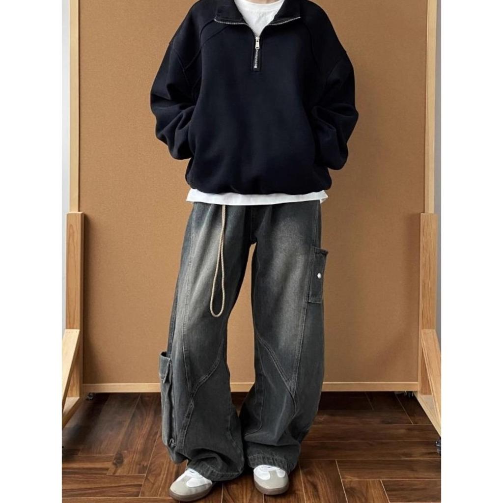 Men's Autumn Ribbed Patchwork Heavyweight Half-Zip Pullover Sweatshirt