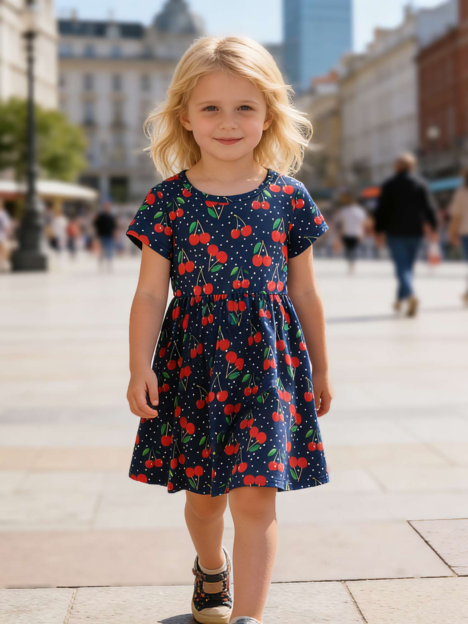 Girls Everyday Dress Summer Multicolor Cartoon Print Casual Short Sleeve to Kids 5-14 Years Comfortable and Soft 2Y разноцветный