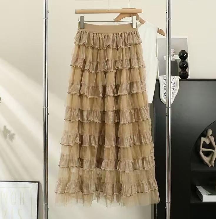 

Women s Fluffy Mesh A-Line Skirt: Sweet Mid-Length for Autumn & Winter One Size хаки