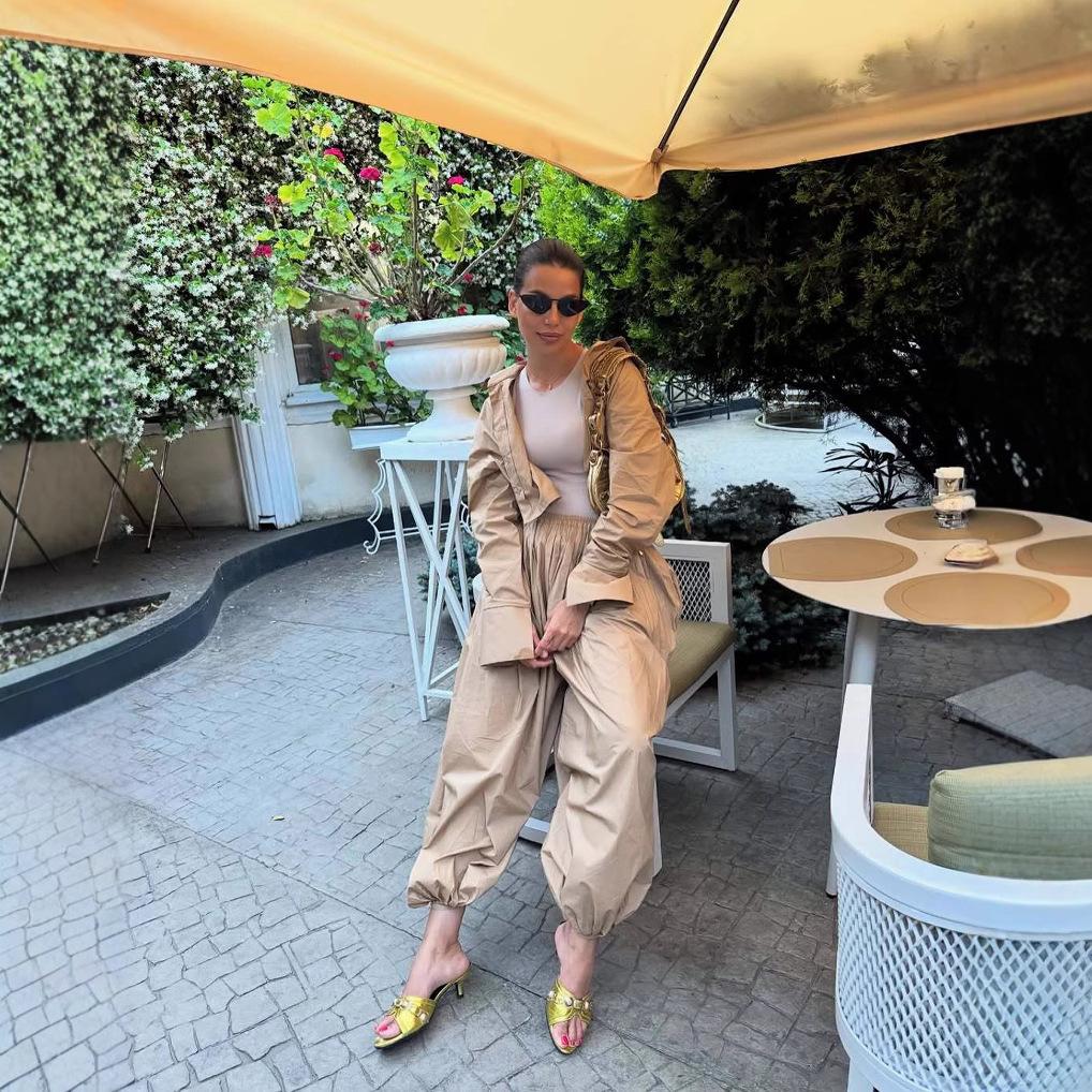 Beige Sleeveless Crop Top and Khaki Wide Leg Pants 2 Piece Set