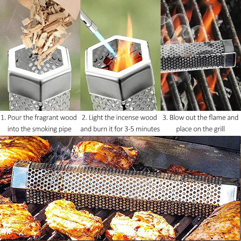 BBQ Edelstahl Perforiertes Mesh Raucherrohr Filter Gadget Heiß Kalt Rauchen BBQ Geräuchertes Gewürzrohr