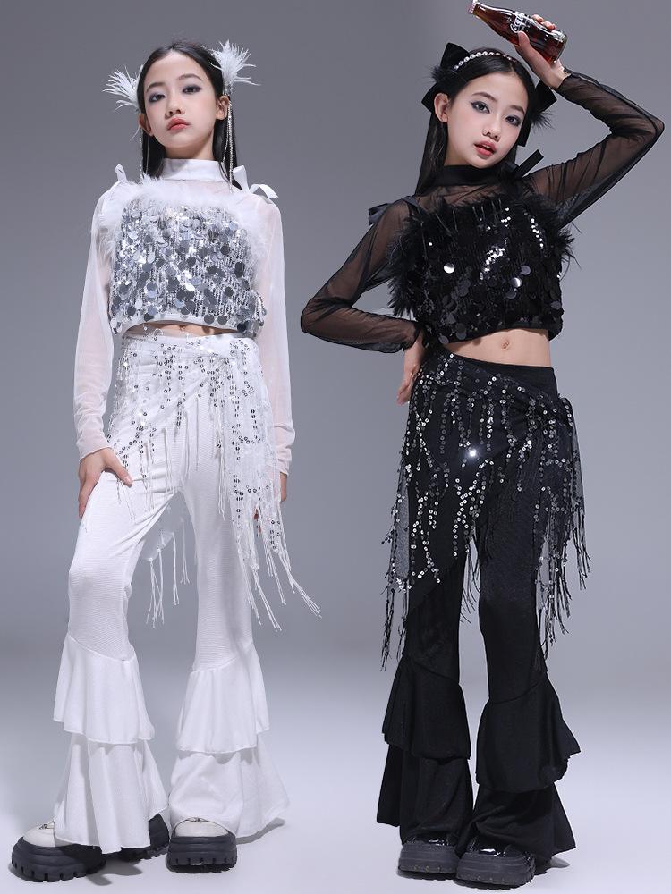 Korean Style Girls' Jazz Dance Costume Set: Cropped Vest Top & Sweatpants for Performances