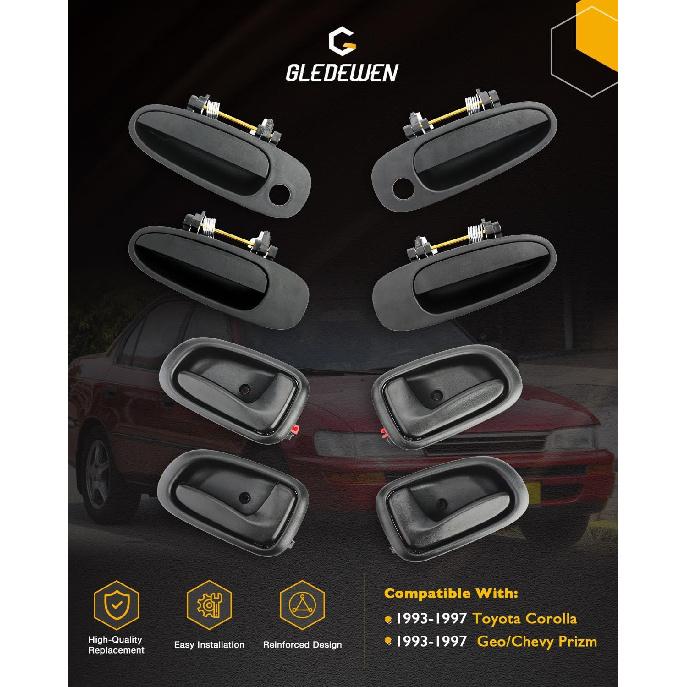Door Handle Set, Compatible With 1993-1997 Toyota Corolla, Geo/Chevy Prizm | Interior & Exterior Front & Rear Left Driver & Right Passenger Side |