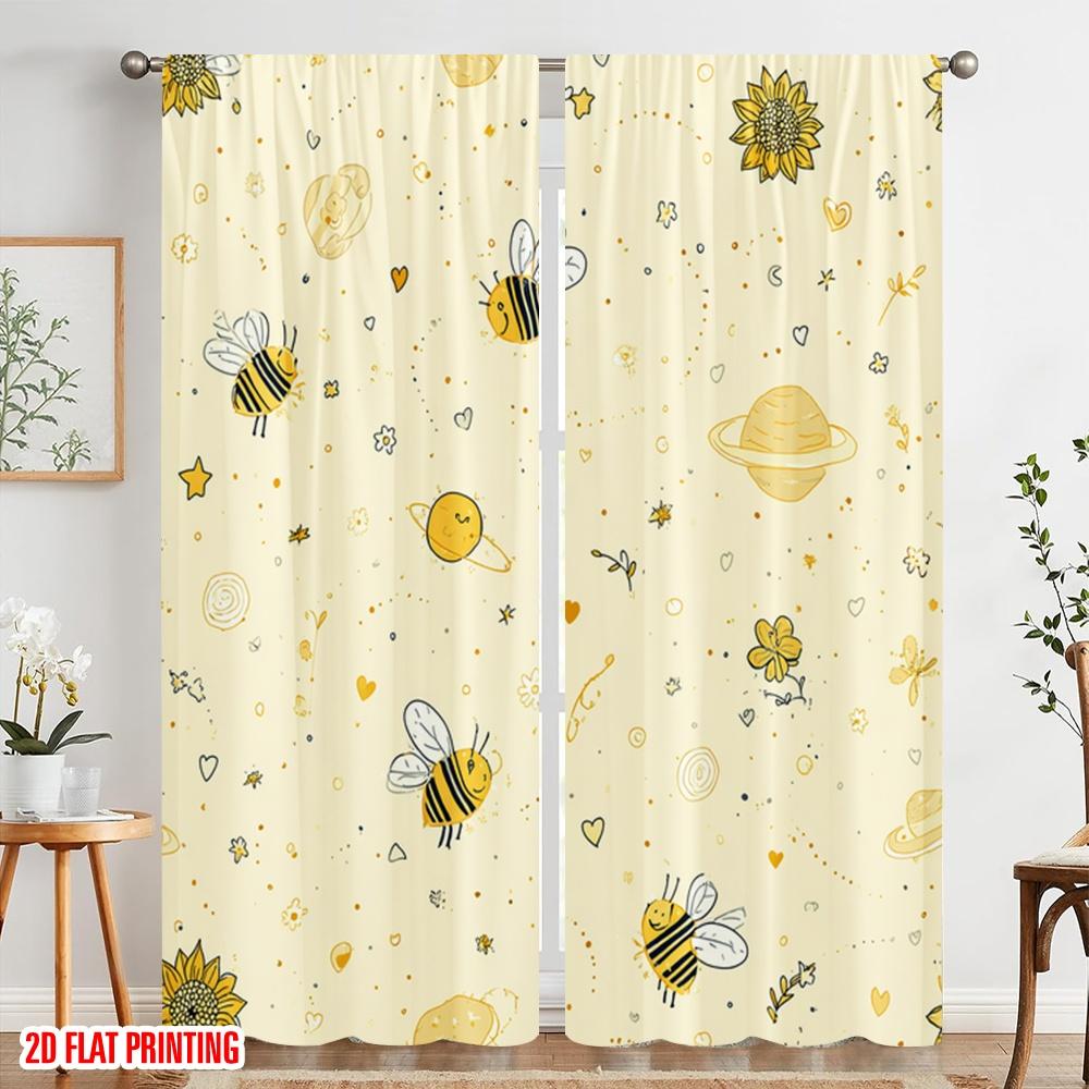 2pcs 2D Flat Printing Curtains Cute Bee Flower Stars Polyester Without Electricity Party Decorations Use for Indoor Celebrations