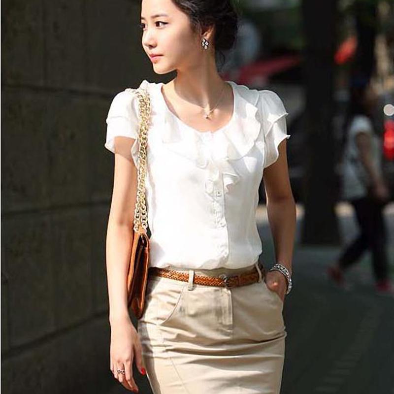 Short Sleeve Blouse Shirt Fashion Ruffles Ladies White Black Office Women