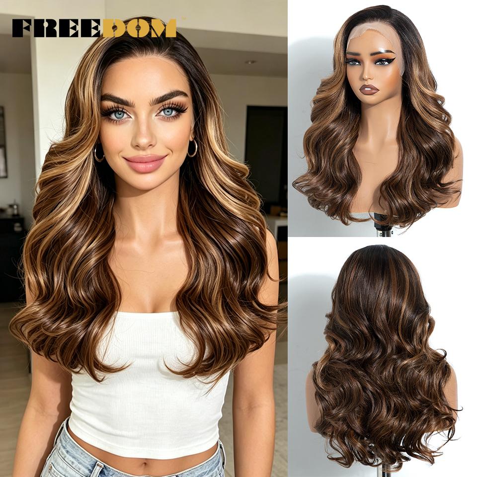 

FREEDOM Synthetic Lace Front Wigs For Black Women 13x4 Free Part Body Wave Lace Wig 20 Ombre Brown Highlight Daily Party Wigs (as the picture,20inches)