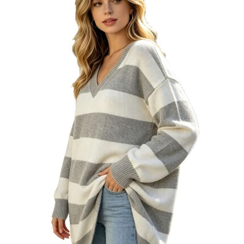 Womens V-Neck Knit Sweater Striped Loose Fit Long Sleeve Casual Streetwear Top Winter