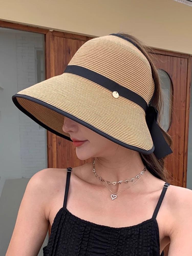 Women's Summer Straw Sun Hat, Wide Brim Foldable Beach Cap with Open Top Design for Outdoor Use, New Style, Sun Protection