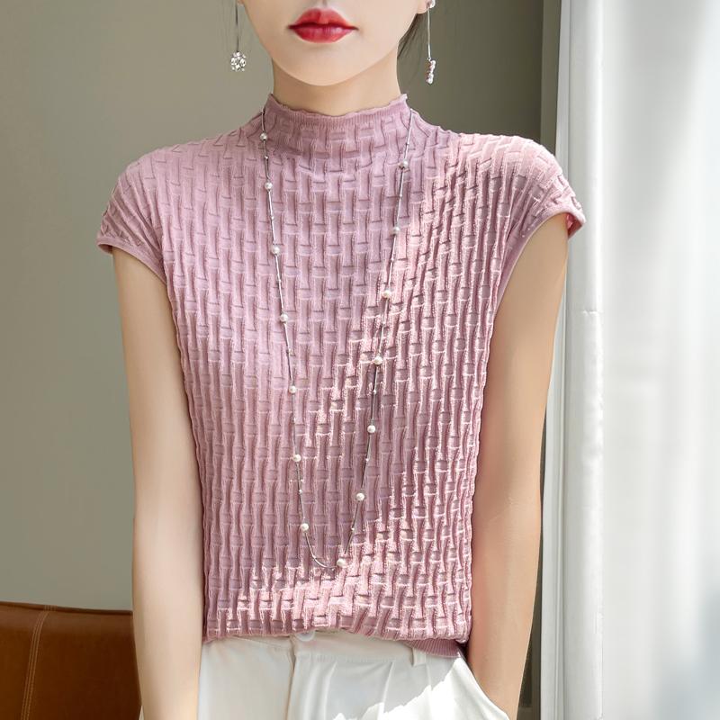 Women T-shirt Tank Summer Knitted T-shirt Short Sleeve Tees Basic Tees Knit Top Pullover Turtleneck Female