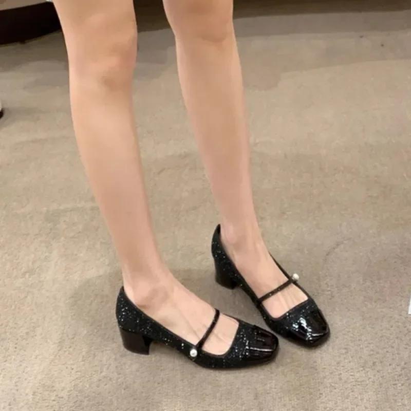 Fashion Women's Fashion Coarse Heel Single Shoes Fall New Square Head Light Mouth Match Color Anti-slip Wear-resistant Low-top Shoes