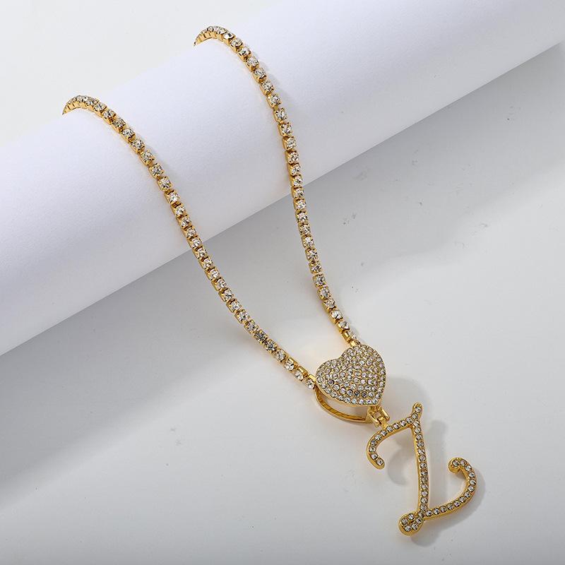 26 Flower Letter Necklace: Hip Hop Heart Pendant with Full Diamond Inlaid Tennis Chain for Women