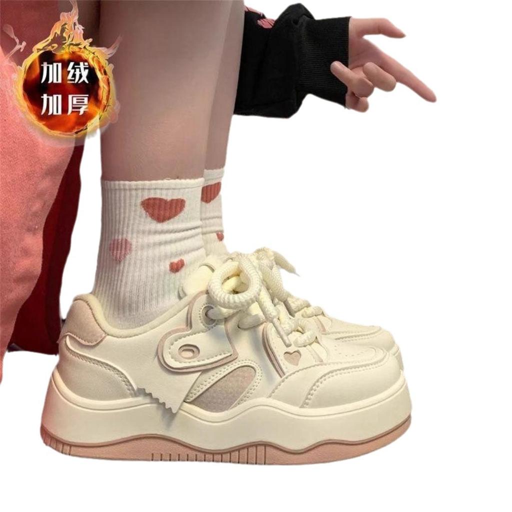 Campus wind velvet love little white shoes women's winter thickened warm two cotton shoes student versatile sports board shoes