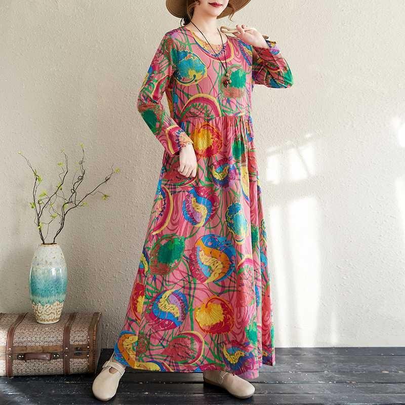 Large Size Summer Vintage Floral Loose Dress Flowing A-line Dress Women