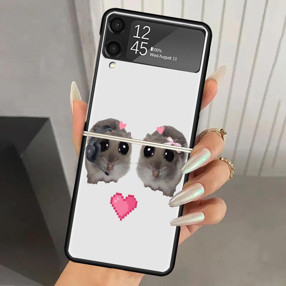 Funny Sad Hamster Meme Hard PC Phone Case For Samsung Galaxy Z Flip 7 6 5 4 3 Black ZFlip7 ZFlip6 Flip5 Flip4 Flip3 5G Print Cov
