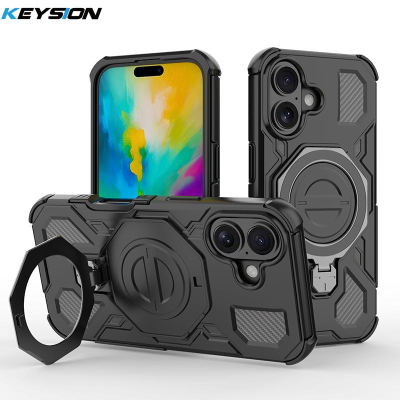 KEYSION Shockproof Magnetic Case for iPhone 16 Pro Max Upright Live Metal Ring Stand Phone Cover for iPhone 15 Pro Max