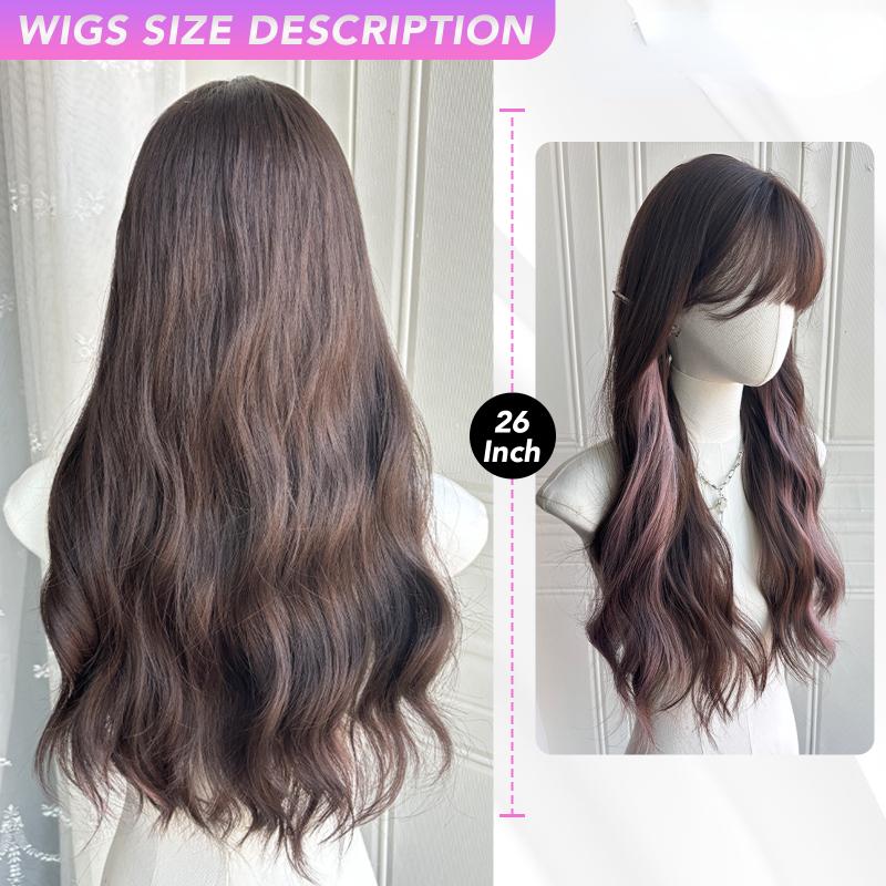 Brown Pink Bangs Wig 26 Inch Fiber Synthetic Wigs Heat-resistant Natural Party or Selfie For Women Korean Fashion