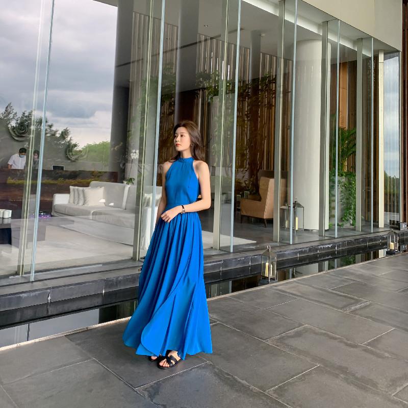 Blue beach dress women's summer new seaside vacation Thailand Bali sexy backless neck very fairy dress