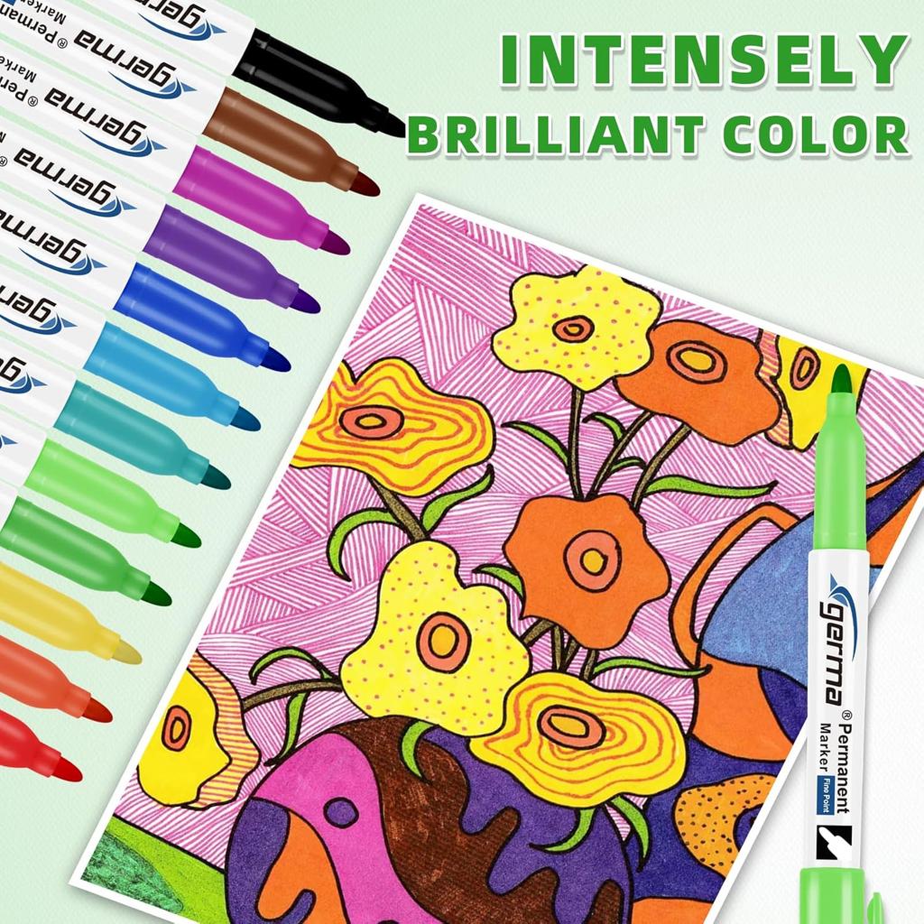 Permanent Markers Assorted Colors, Fine Tip, 12 Vibrant Colored Permanent Markers, Waterproof, Fade-resistant, Works on Paper, Glass, Plastic, Metal