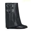 Black/white/red Leather Mid-Calf/knee-High Boots 2025 New Wedges Shark Boots Metal Belt Buckle Latest Catwalk Boots