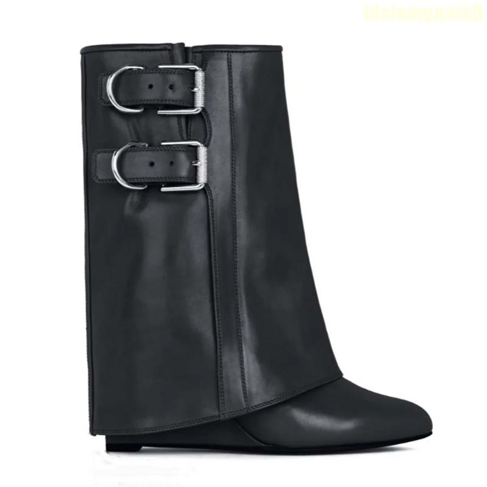 Black/white/red Leather Mid-Calf/knee-High Boots 2025 New Wedges Shark Boots Metal Belt Buckle Latest Catwalk Boots