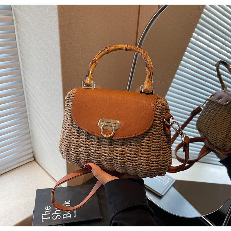 Woven Shoulder Messenger Women's Bag Retro Straw Woven Bag Seaside Leisure Vacation Beach Bag Lock Small Square Bag