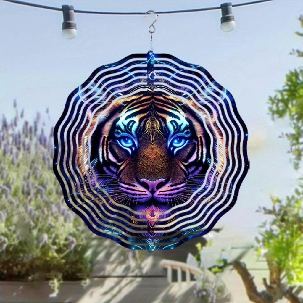 10 Inch Tiger Wind Spinner Outdoor Garden Decor with 360 Degree Rotating Hook Vibrant Blue Purple Design for Patio Lawn Yard Gift