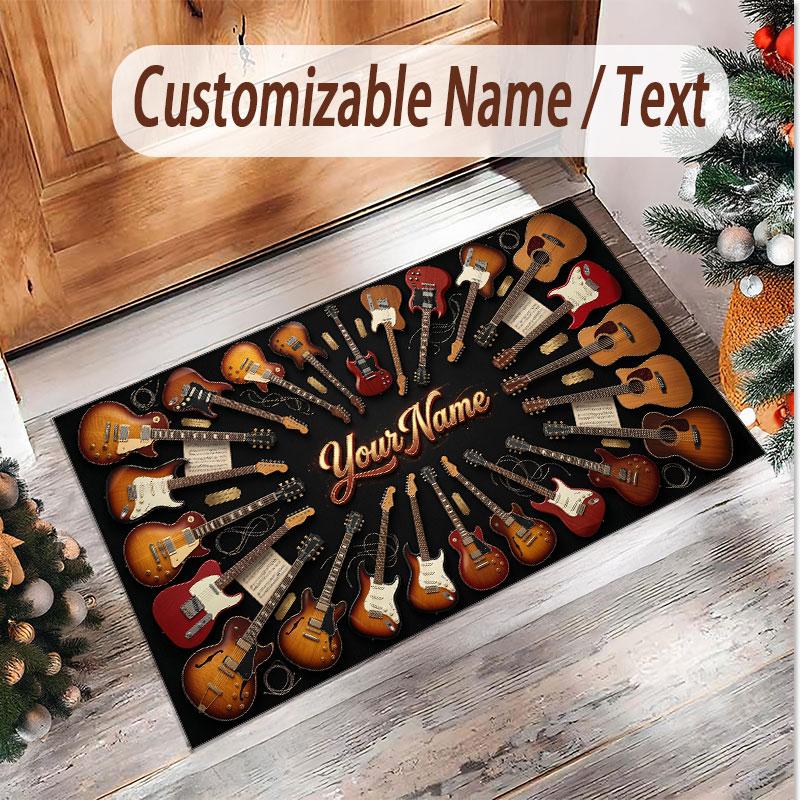 Music Guitar Theme Soft Crystal Velvet Rug Custom Name & Text Print Non Slip Floor Rug for Bedroom Living Room
