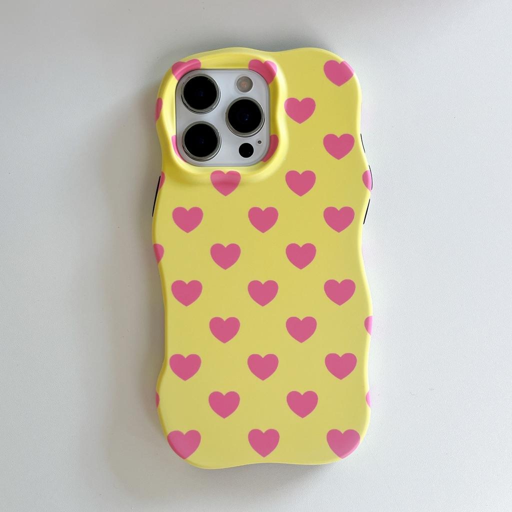 2 In 1 TPU+PC Glossy Cute Heart Hard Phone Case for iPhone 13 14 15 16 Pro Max Wave Edges Comfortable Touch Slim Girly Cover