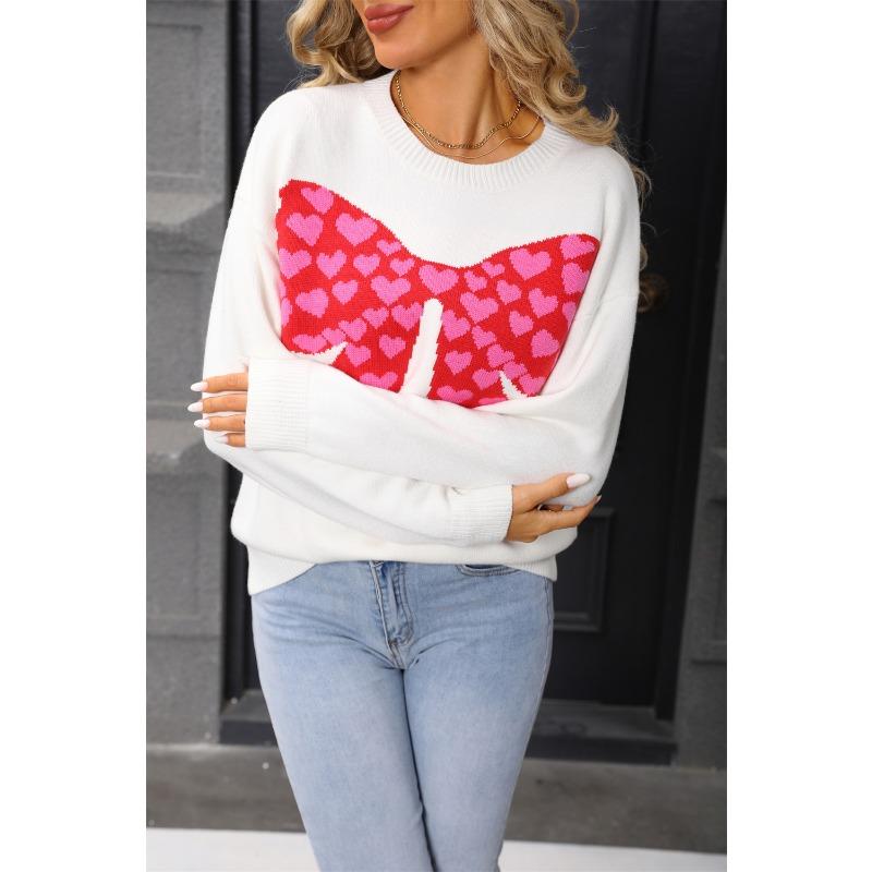 New Round-neck Long-sleeved Casual Top with A Bow and A Small Heart for Valentine's Day Knitted Sweater